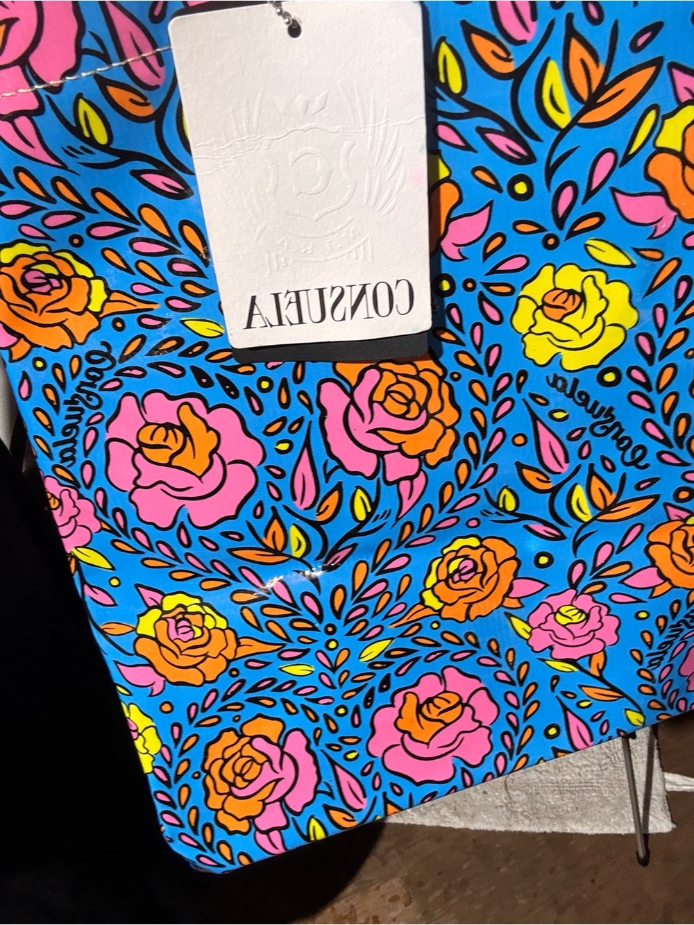Consuela Blue Floral Tote with Pink, Orange & Yellow Roses